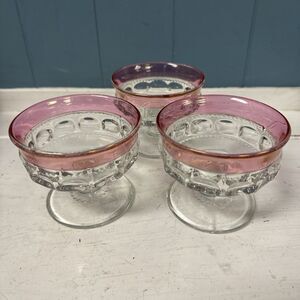 3‎ Vtg King’s Crown by Tiffin Glass Thumbprint L. Ruby Flashed Sherbet Sundaes